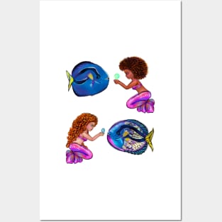 Best fishing gifts for fish lovers 2022. anime mermaid with blue tang fish and bubbles. Pretty black  and white girls with Afro hair, green eyes, Cherry pink lips and dark brown skin. Hair love ! Posters and Art